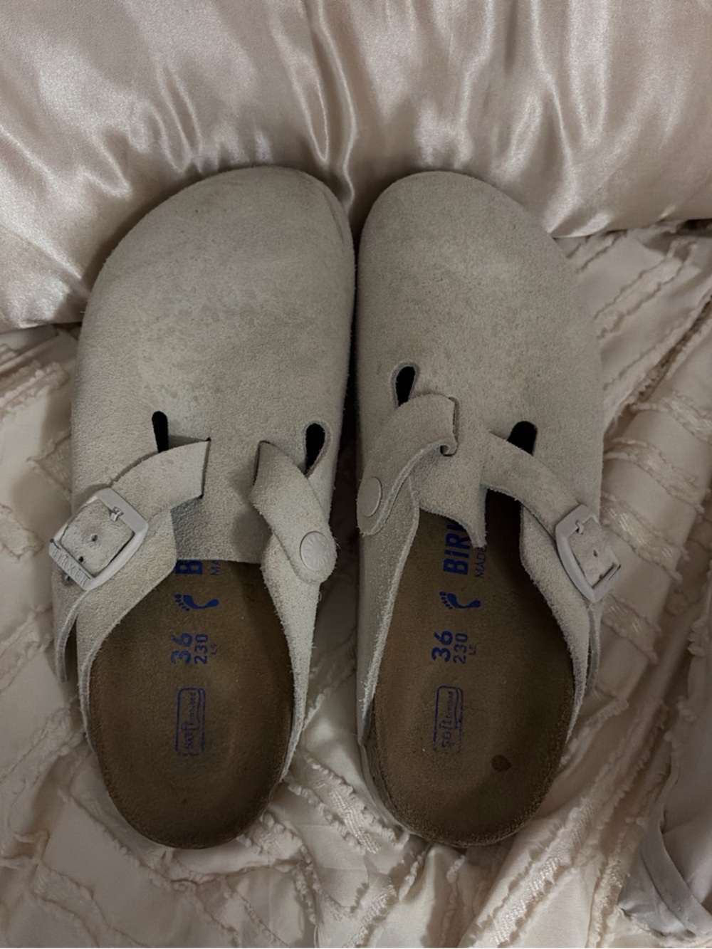 Birkenstock Beige Suede Footbed with Blue Logo